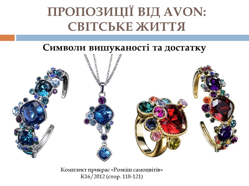 ПРОПОЗИЦІЇ ВІД AVON:  СВІТСЬКЕ ЖИТТЯ Комплект прикрас «Розкіш самоцвітів» К16/2012 (стор. 118-121) Символи